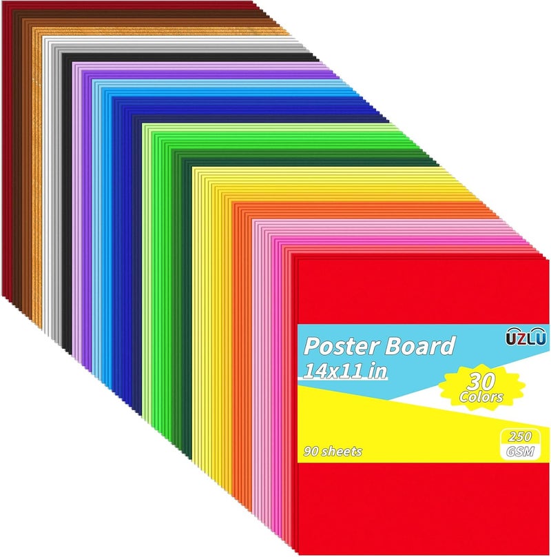 UZLU 90 Pcs Poster Board 11 x 14in Colored Posterboard Paper Bulk 30 Assorted Color 250 GSM Thickness Cardstock Blank Smart Vision Board for School Drawing Craft Projects DIY Display Supplies - Image 1